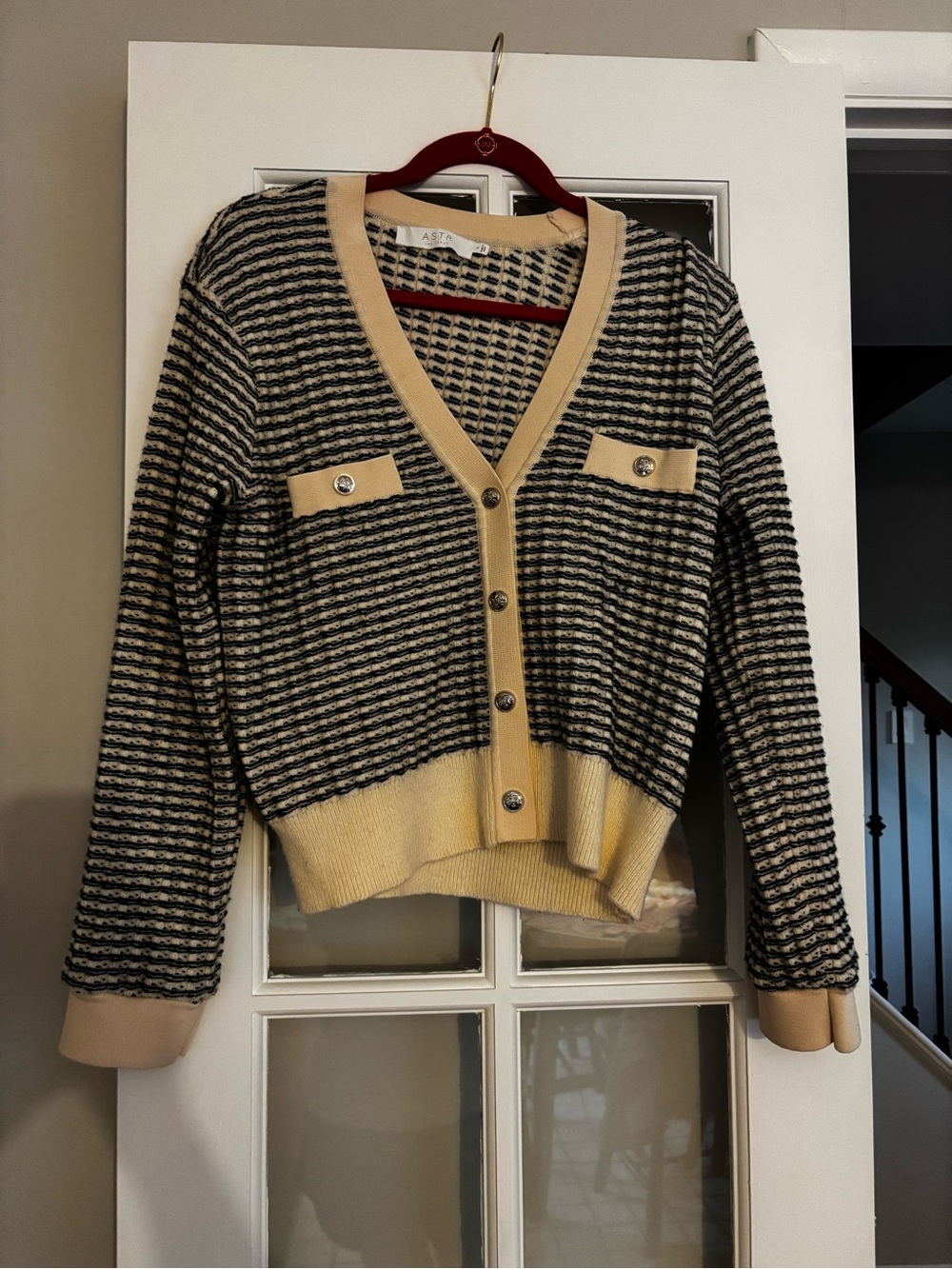 ASTR Striped V-Neck Cardigan in Black & Cream